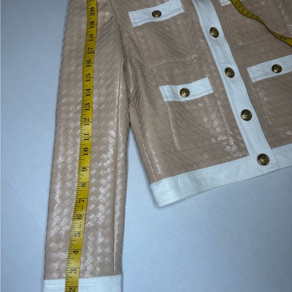 Alice + Olivia Kinley Woven Vrgan Leather Elegant Cream Jacket with Gold Accent. - Picture 14 of 17